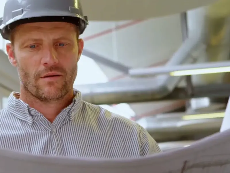 Plumber in a hard hat reviewing plumbing plans for About Castle Rock Plumbing Pros